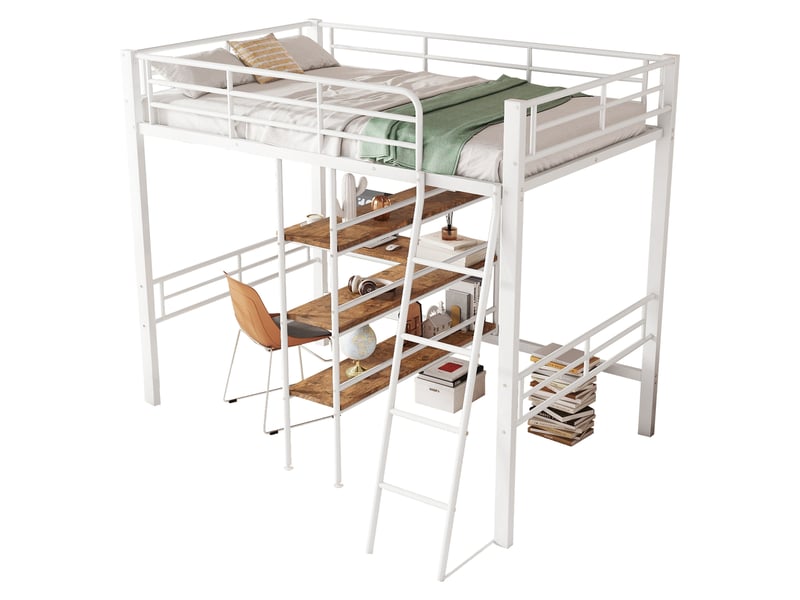  Lit mezzanine 90x200 en métal blanc, lit avec bureau intégré et étagères de rangement, sommier inclus, pour chambre d'enfant.  - Conforama A