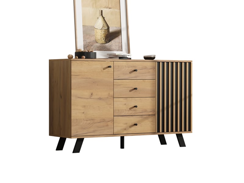  Buffet salon 120 cm noir et bois avec 4 tiroirs et 2 portes  - Conforama A
