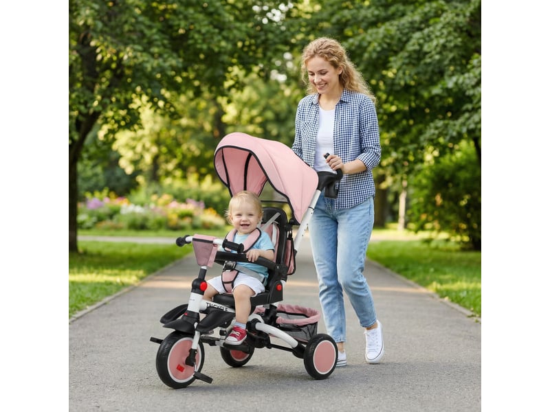  Tricycle convertible 6 en 1, pliable, siège pivotant à 360°, poignée parentale, dossier inclinable, capote, rose  - Conforama B