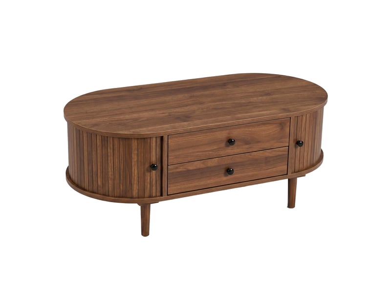  Table basse 100x50x40 cm, 2 tiroirs, grand rangement, porte coulissante, style vintage, structure mdf pour salon et séjour - noyer  - Conforama A