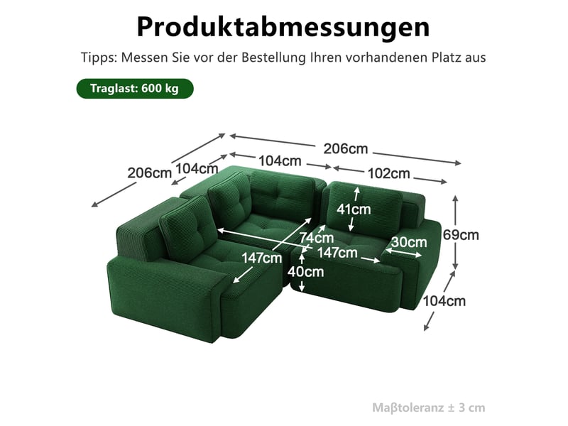  Canapé d'angle modulable 3 places en velours côtelé vert - 206 x 206 x 69 cm  - Conforama E