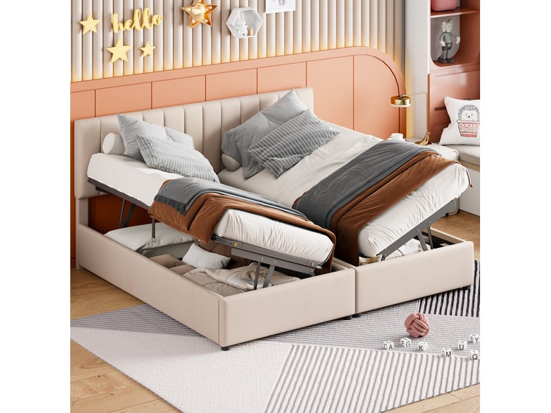  Lit coffre tcqpz 180 x 200 cm beige convertible en deux lits 90 cm avec rangement hydraulique tête de lit réglable  - Conforama E