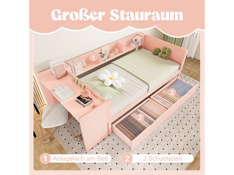  Lit simple 90x200 avec bureau intégré et 2 tiroirs - lit enfant rose en bois massif  - Conforama E