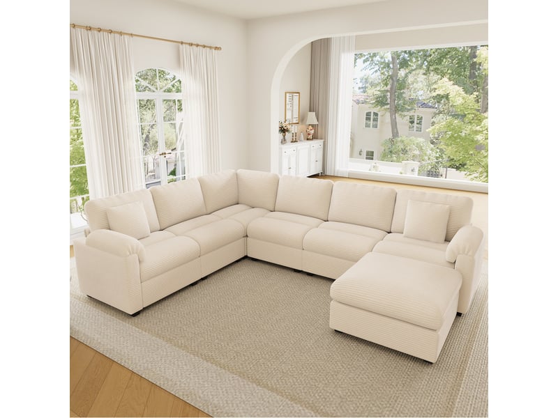 Canapé panoramique modulable 7 places 274,5x210,5x85,5 cm, forme ul, pouf séparé, velours côtelé, coussins pour salon - beige - Conforama B