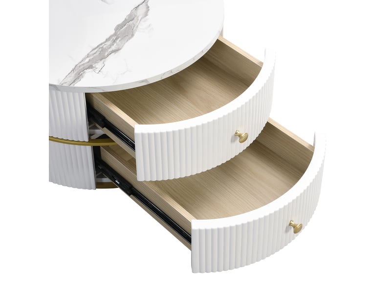  Set de 2 tables basses gigognes rondes blanches – effet marbre brillant, 2 tiroirs – 60 x 46 cm et 50 x 30,8 cm  - Conforama E