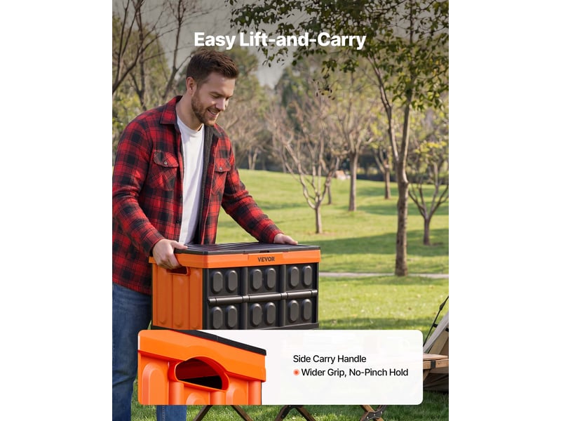  Vevor caisse plastique pliable avec couvercle 45 l, lot de 3, bac de rangement pliable et empilable avec poignees, charge max. 20 kg par caisse pour maison, camping, voiture et courses, noir et orange  - Conforama E