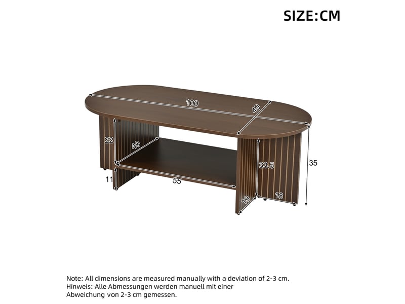 Table basse ovale 100x49x35 cm – noyer foncé – étagère ouverte, design rainuré moderne  - Conforama C