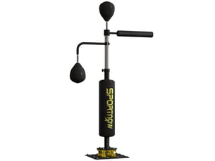Support de boxe, deux speedballs, barre de frappe rotative, coussins de frappe, hauteur réglable, acier, 107 x 36 x 140-205 cm, noir