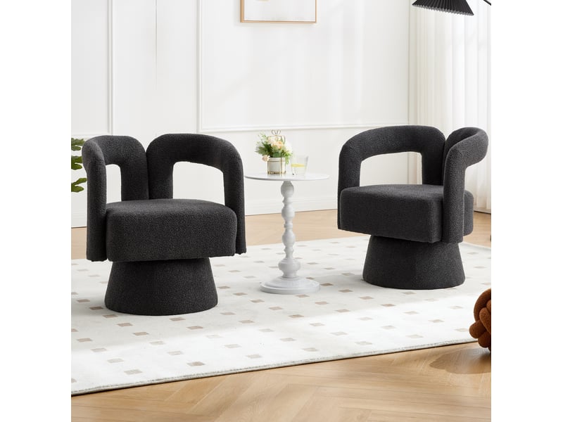  Fauteuil pivotant 360 degrés avec dossier enveloppant et assise rembourrée en tissu bouclé gris foncé, 67 × 55 × 74 cm  - Conforama B