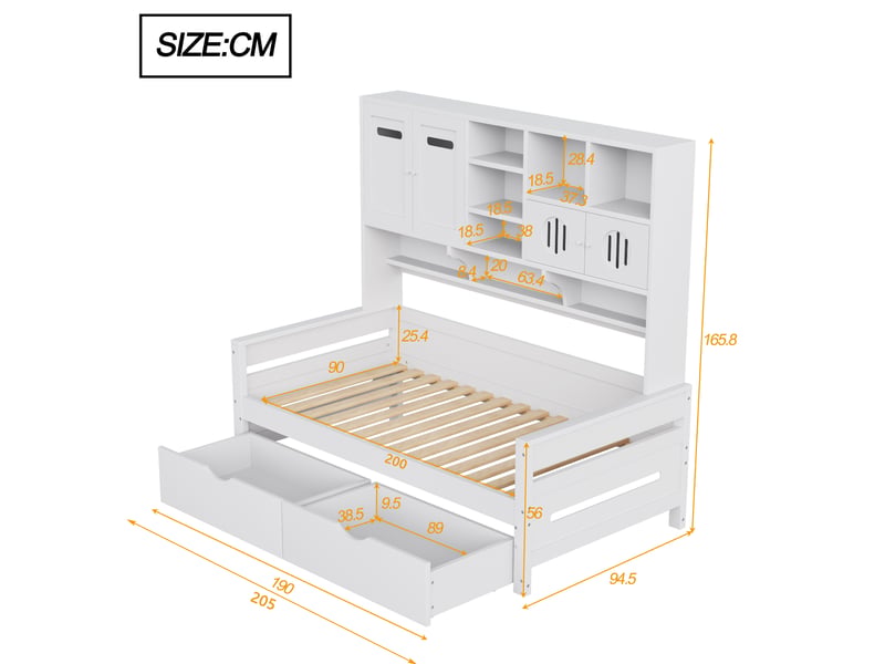 Lit coffre 90x200 cm avec rangements, 2 tiroirs, pin blanc, sans matelas - Conforama C