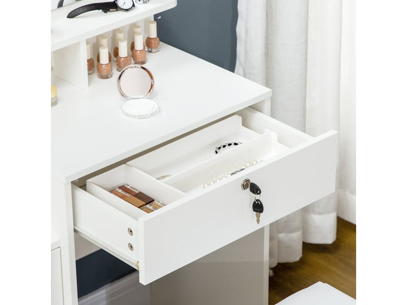  Ensemble de coiffeuse avec tabouret rembourré grand miroir + 4 tiroirs blanc + plusieurs étagères ouvertes  - Conforama W