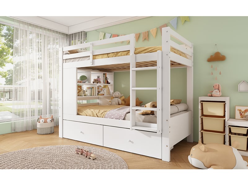 Lit superposé 90 x 200 cm avec 2 tiroirs et étagères ouvertes, échelle et garde-corps pour le couchage supérieur, bois, blanc Morn Vibe - Conforama B