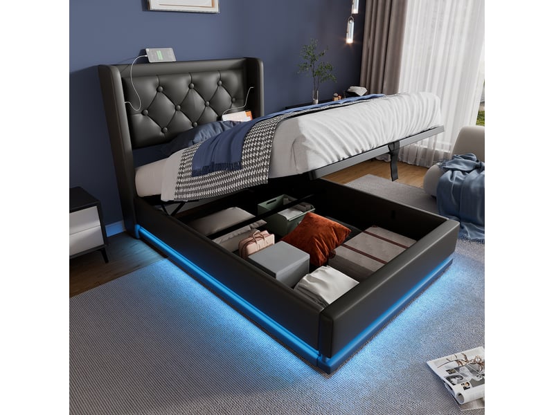 Lit coffre hydraulique 90x200 - lit simple avec fonction de chargement usb type-c et led - pu - matelas inclus - noir - Conforama E