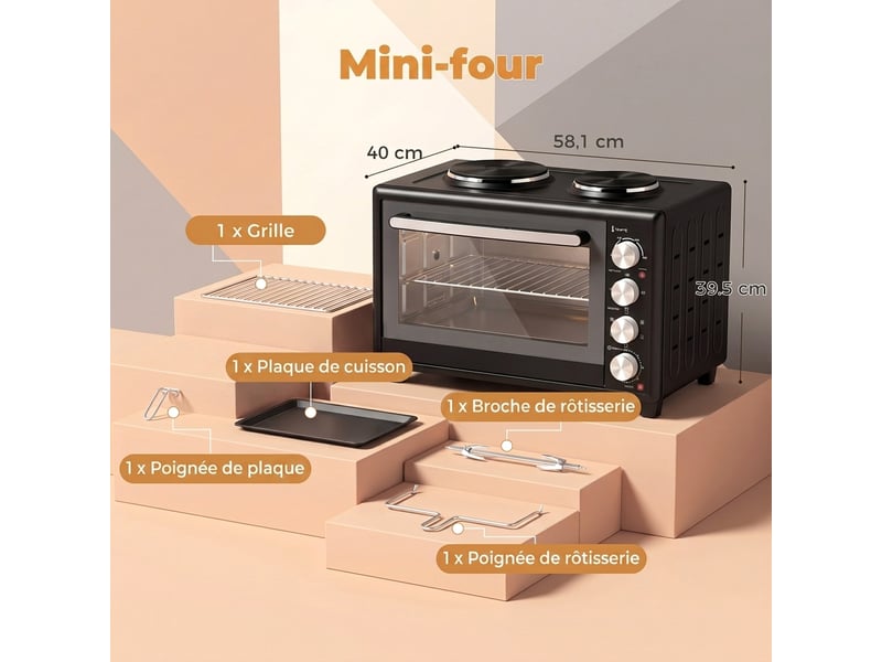  Mini-four avec 2 plaques de cuisson et broche rotative 46l 2850 w, four à convection multifonction, minuterie, noir  - Conforama C