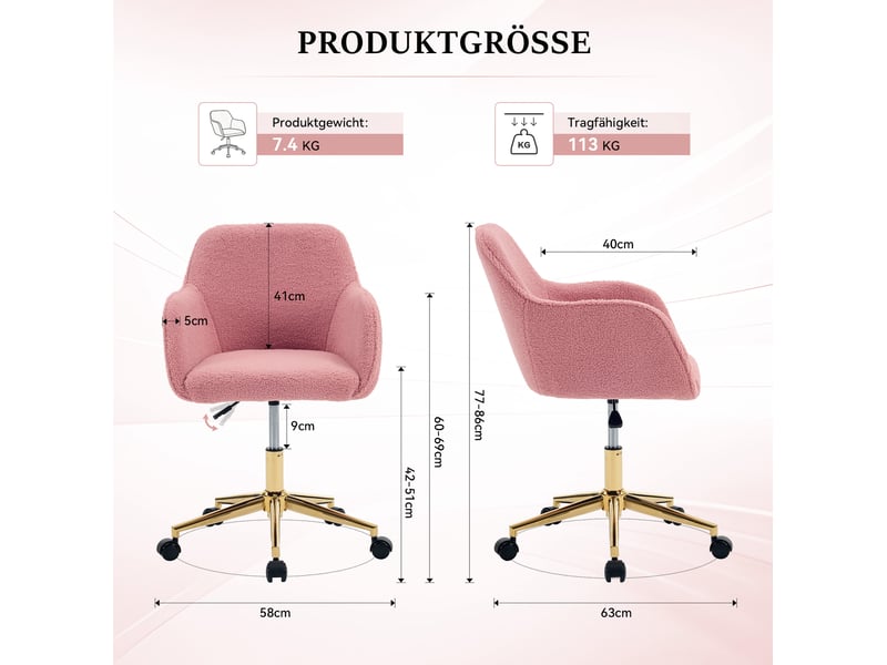  Fauteuil de bureau pivotant réglable 58x58x86 cm en tissu bouclette rose  - Conforama C