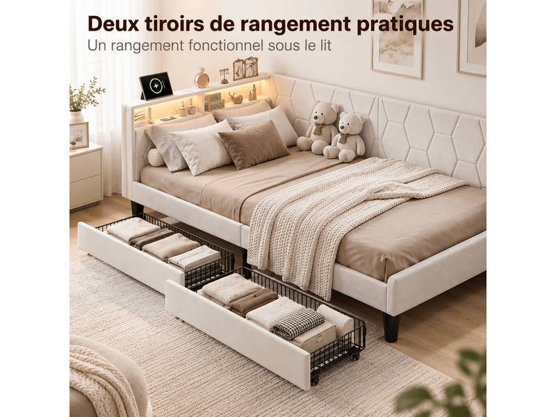  Canapé-lit 90x200 cm avec lampe led et port usb, lit rembourré avec 2 tiroirs, lit simple avec sommier à lattes, lit banquette, lit avec rangement, gris velours, matelas non inclus  - Conforama D