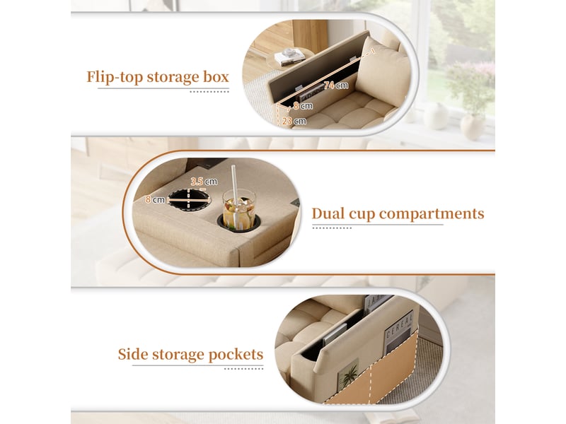  Canapé convertible 2 places beige avec rangement intégré et dos réglable pour salon  - Conforama E