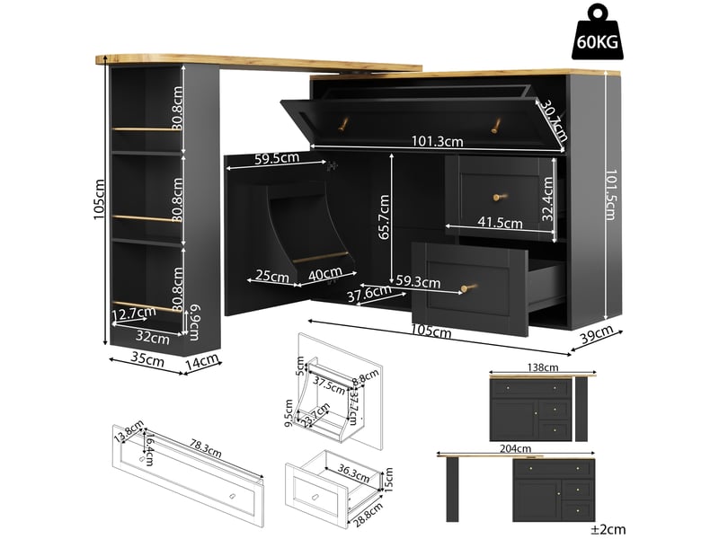  Table de bar noir - 204cm mdf et métal table de bar noir - Conforama C