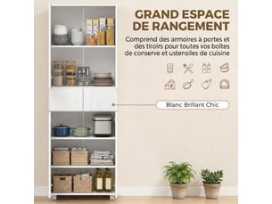 Armoire de cuisine meuble de rangement buffet 4 portes avec étagères réglables - dim. 60l x 35l x 170h cm laqué blanc