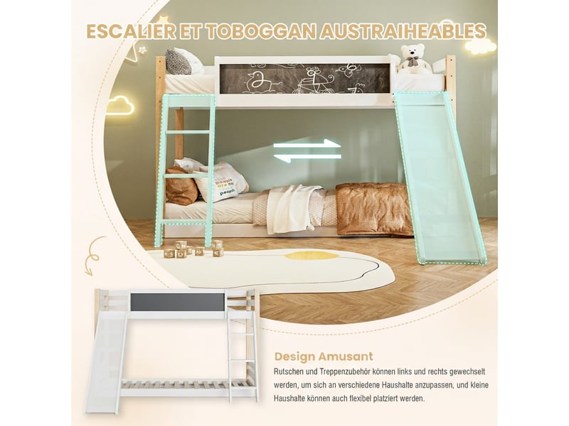 Lit superposé enfant, en velours, escalier, échelle, toboggan, blanc W2845S00155 - Conforama W