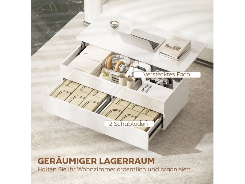  Table basse relevable avec rangement caché et 2 tiroirs, plateau à gaz pour salon, blanc brillant 102 × 48 × 40 cm  - Conforama E