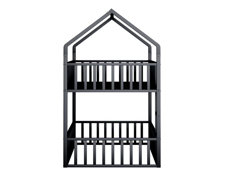  Lit superposé enfant 200×90 cm en forme de maison avec échelle frontale et petite porte, en métal noir  - Conforama E