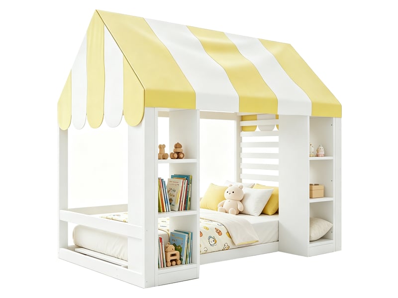  Lit cabane 90x200cm avec ciel de lit rangement ouvert avant cadre bois blanc  - Conforama A