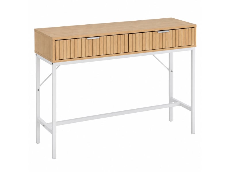  Table console meuble d'entrée effet bois clair en structure métalique blanche à 2 tiroirs à façades rainurées - longueur 100 x profondeur 30 x hauteur 75 cm  - Conforama A