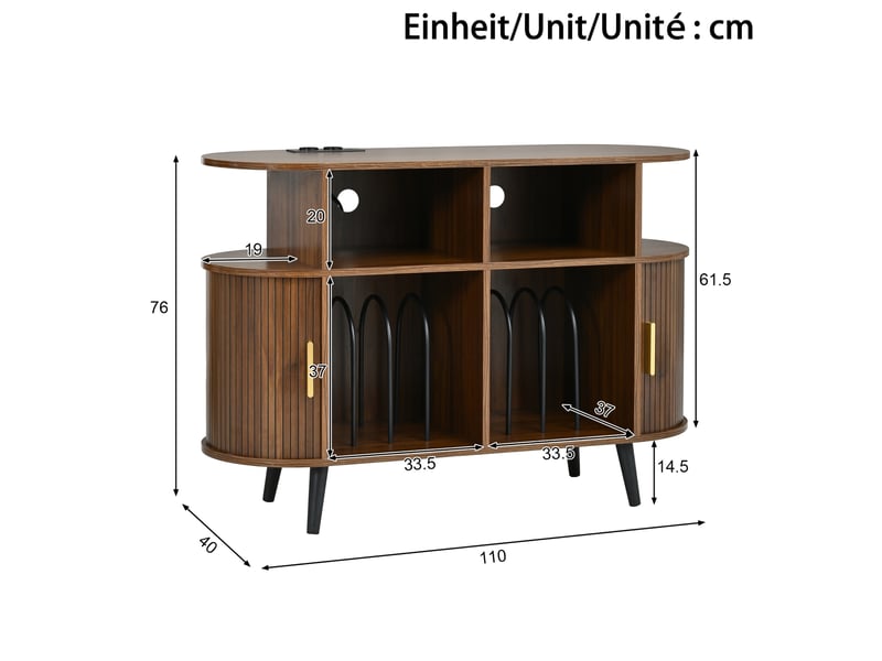  Meuble hifi pour vinyles 110x40x76 cm – noyer foncé – portes coulissantes, supports et station de charge  - Conforama C