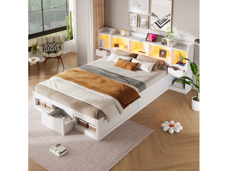  Lit double 140 × 200 cm avec 3 tiroirs, niches, led à 7 couleurs et port usb en mdf et contreplaqué pour chambre  - Conforama B