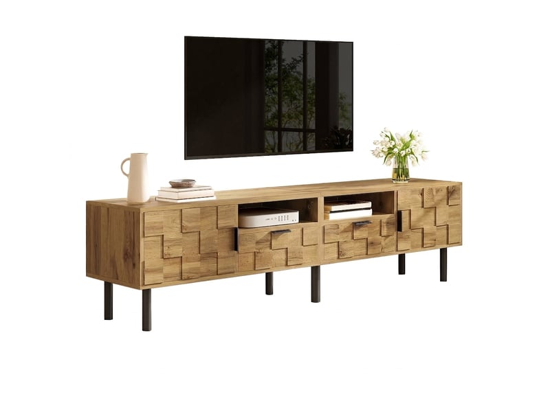  Meuble tv bois effet mosaïque 160 cm avec 2 portes, 2 tiroirs et pieds en métal  - Conforama A