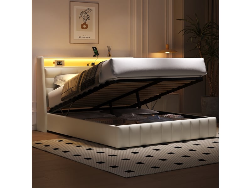  Lit plateforme 160x200 coffre rangement led multicolore usb tête réglable rembourré mdfpu blanc sans matelas  - Conforama W