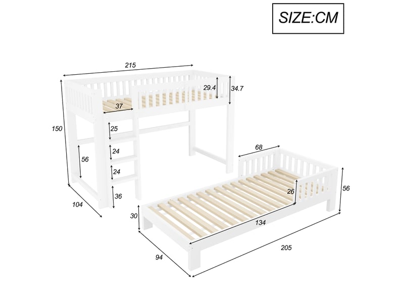  Lit superposé modulable enfant modenvie 90 x 200 cm bois blanc avec sommier à lattes  - Conforama C