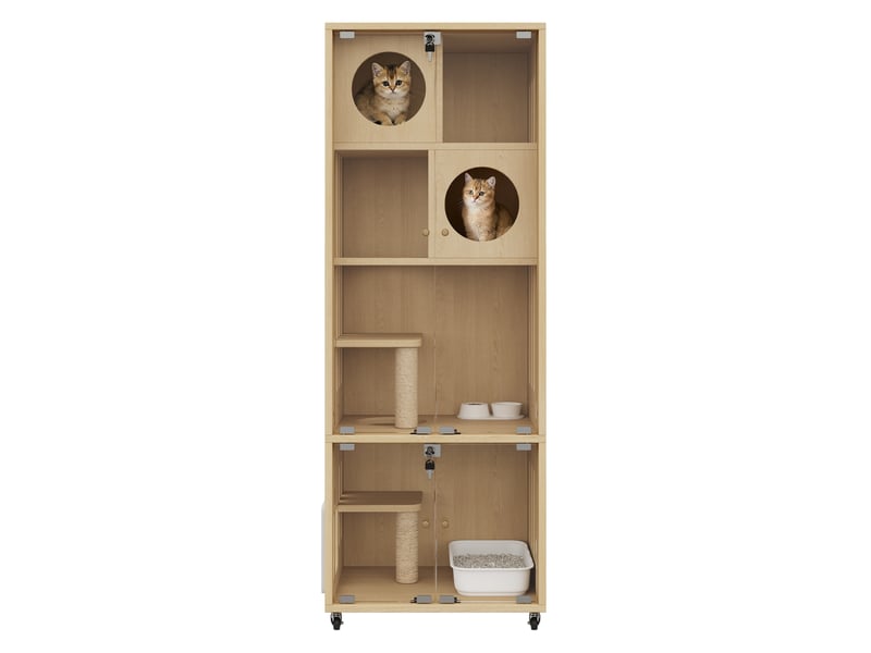  Meuble vitré mobile 60 x 50 x 156 cm, avec roulettes, trappe d’accès et serrure, finition naturelle  - Conforama A