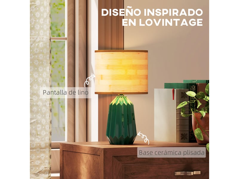  Lampe de table style rétro avec pied en céramique et abat-jour en lin pour chambre, 40 w, vert et bois naturel  - Conforama D