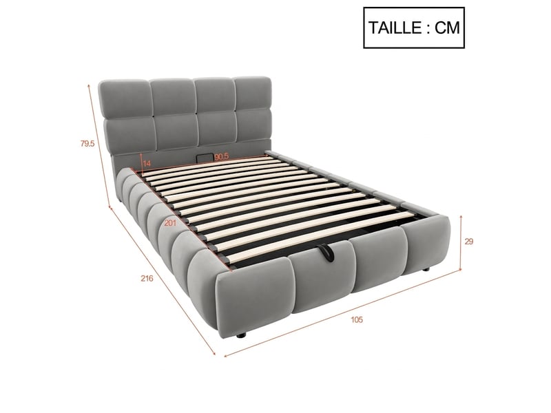  Lit coffre capitonné 90x200 velours gris avec led, rangement hydraulique et tête de lit rembourrée sans matelas  - Conforama C