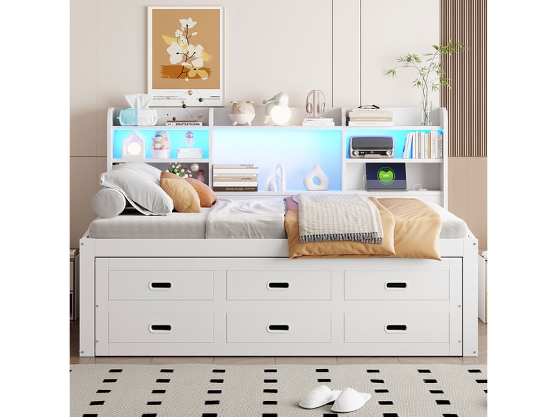  Lit gigogne 90x200cm coloris blanc led panneau de particules lit enfant blanc - Conforama D