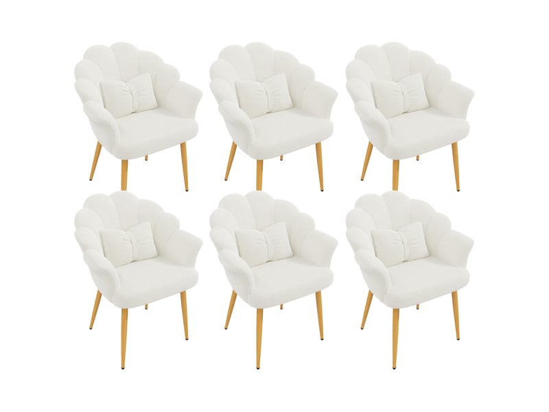  Lot de 6 fauteuils de salle à manger 64x65,5x85 cm, dossier pétale, accoudoirs, tissu bouclette, blanc  - Conforama A