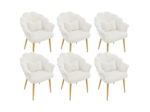 Lot de 6 fauteuils de salle à manger 64x65,5x85 cm, dossier pétale, accoudoirs, tissu bouclette, blanc