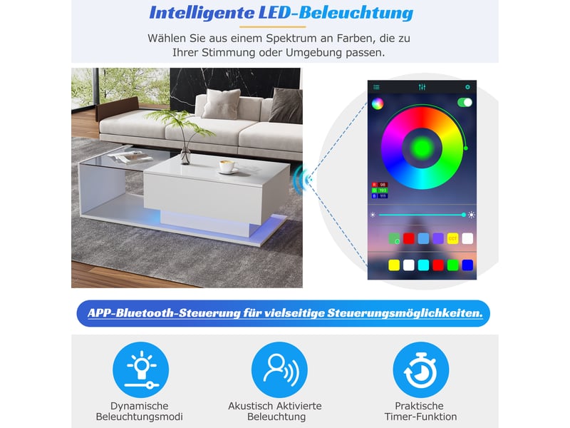  Table basse moderne blanche brillante 100x50x40 cm - plateau verre, led, 1 tiroir, salon  - Conforama E