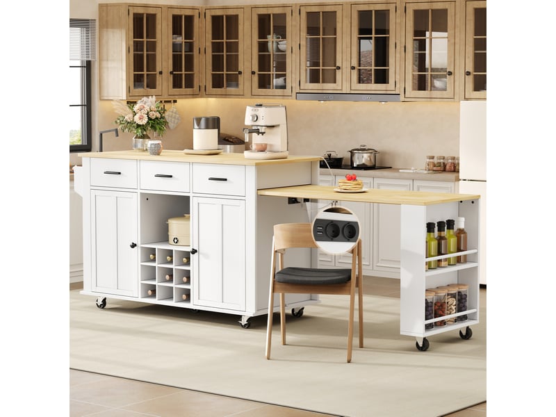  Îlot de cuisine mobile avec plateau extensible, 3 tiroirs, range-bouteilles, prises usb, 7 roulettes, blanc et naturel  - Conforama B