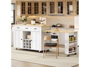 Îlot de cuisine mobile avec plateau extensible, 3 tiroirs, range-bouteilles, prises usb, 7 roulettes, blanc et naturel