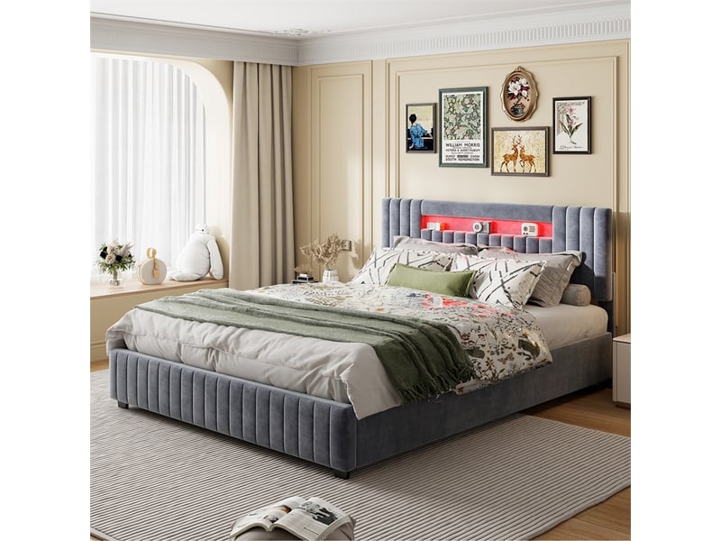 Lit 140x200cm - lit coffre 140x200cm - lit avec vérin à gaz, tête de lit led rvb et rangement - velours gris clair  - Conforama D