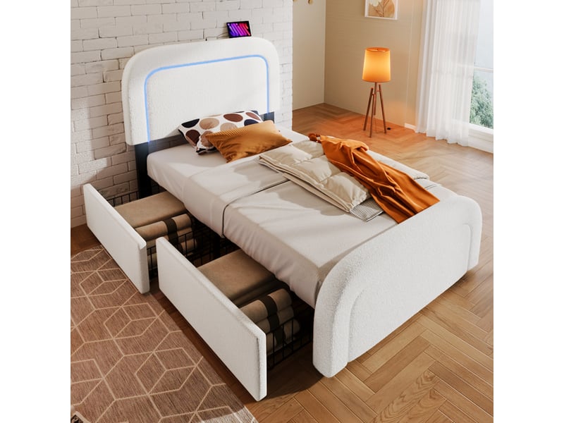  Lit coffre 140x200cm lit double 2 personnes lit rembourré avec app control led, fonction de recharge usb type c, gris (avec matelas)  - Conforama W