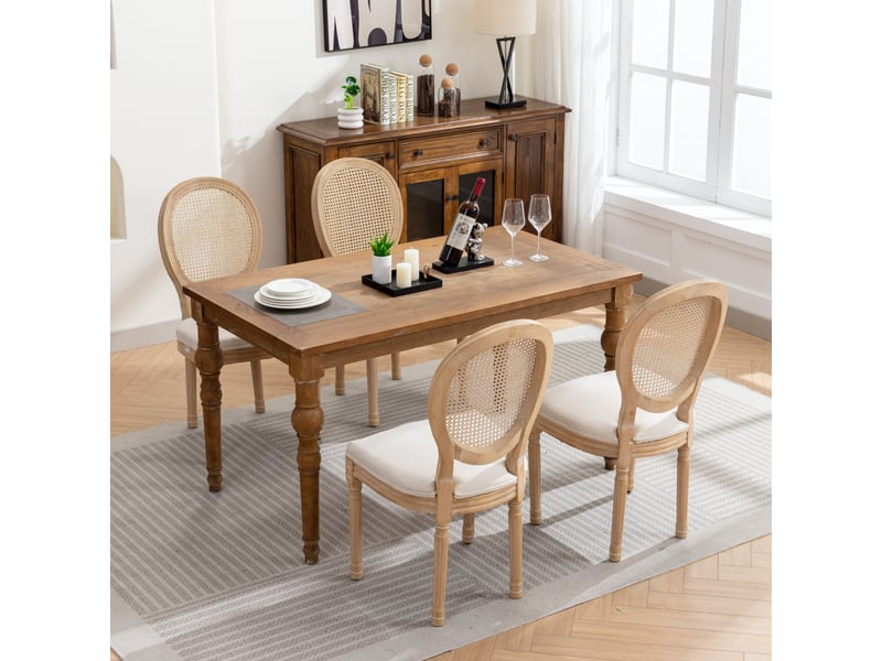  Lot de 2 chaises de salle à manger style français, tissu lin beige, dossier cannage, bois massif  - Conforama C