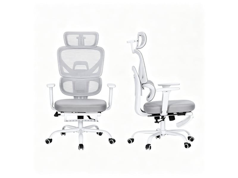  Chaise de bureau ergonomique avec repose-pieds réglable - lpospi - accoudoirs 3d, maille et pu gris  - Conforama A