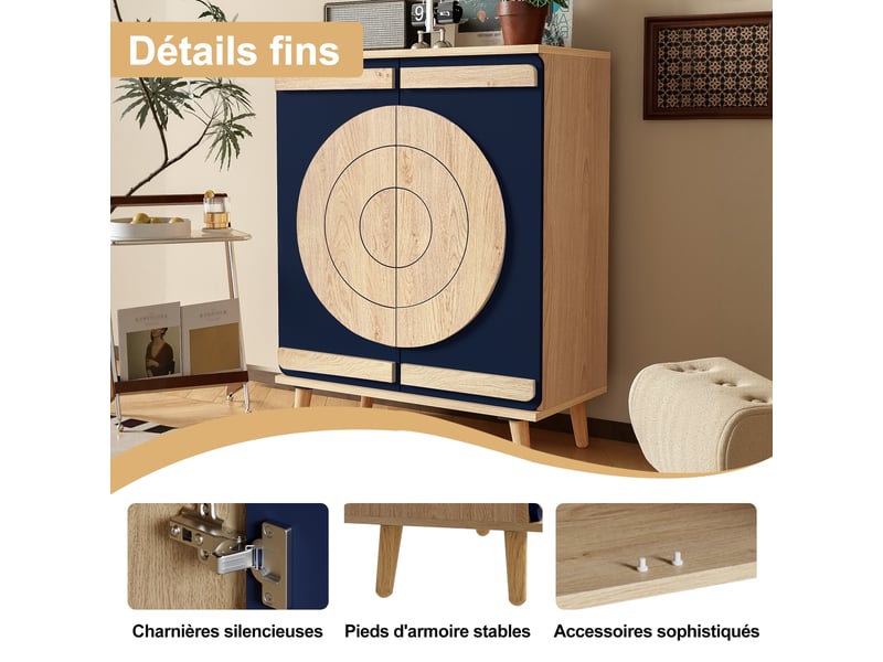  Meuble à chaussures design moderne 76x37x98.5 cm, portes rondes géométriques, rangement stable pour entrée  - Conforama W