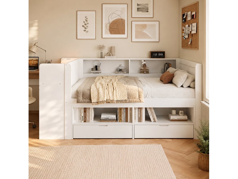 Lit combiné 120x200 cm, bureau intégré, armoire, 2 tiroirs, pin et mdf, blanc, sans matelas - Conforama D