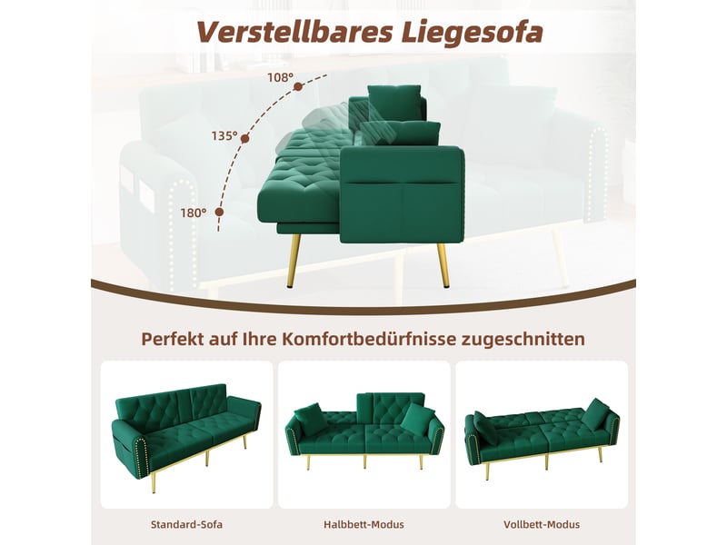  Canapé convertible, canapé-lit, en tissu, vert, porte-gobelets, pour salon, adapté à l'espace de vie, chambre  - Conforama D
