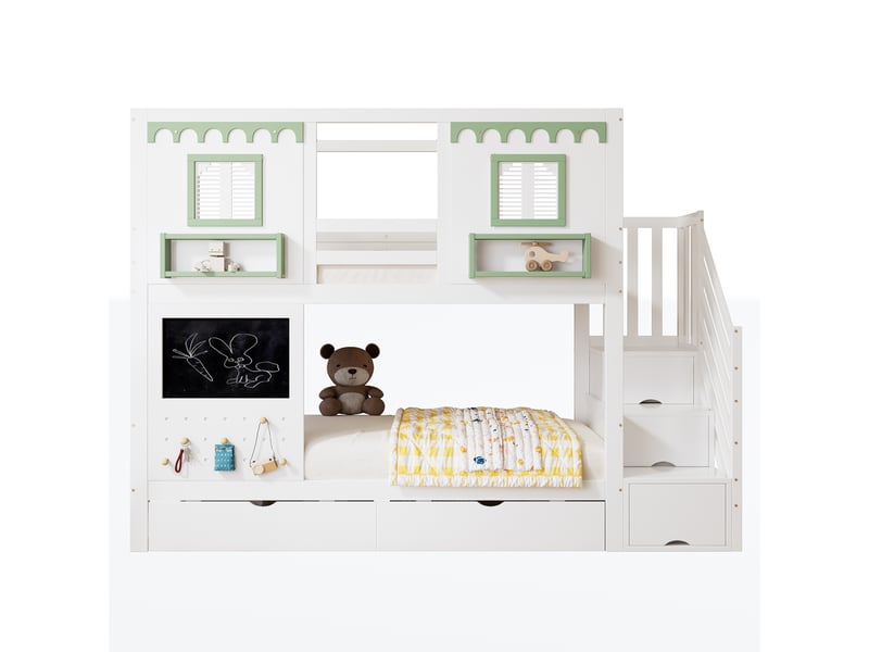 Lit superposé pour enfant, avec petit panneau perforé et 5 crochets en bois inclus, deux tiroirs et un meuble de rangement avec escalier intégré, pin, mdf et contreplaqué, blanc et vert, 90 x 200 cm - Conforama A